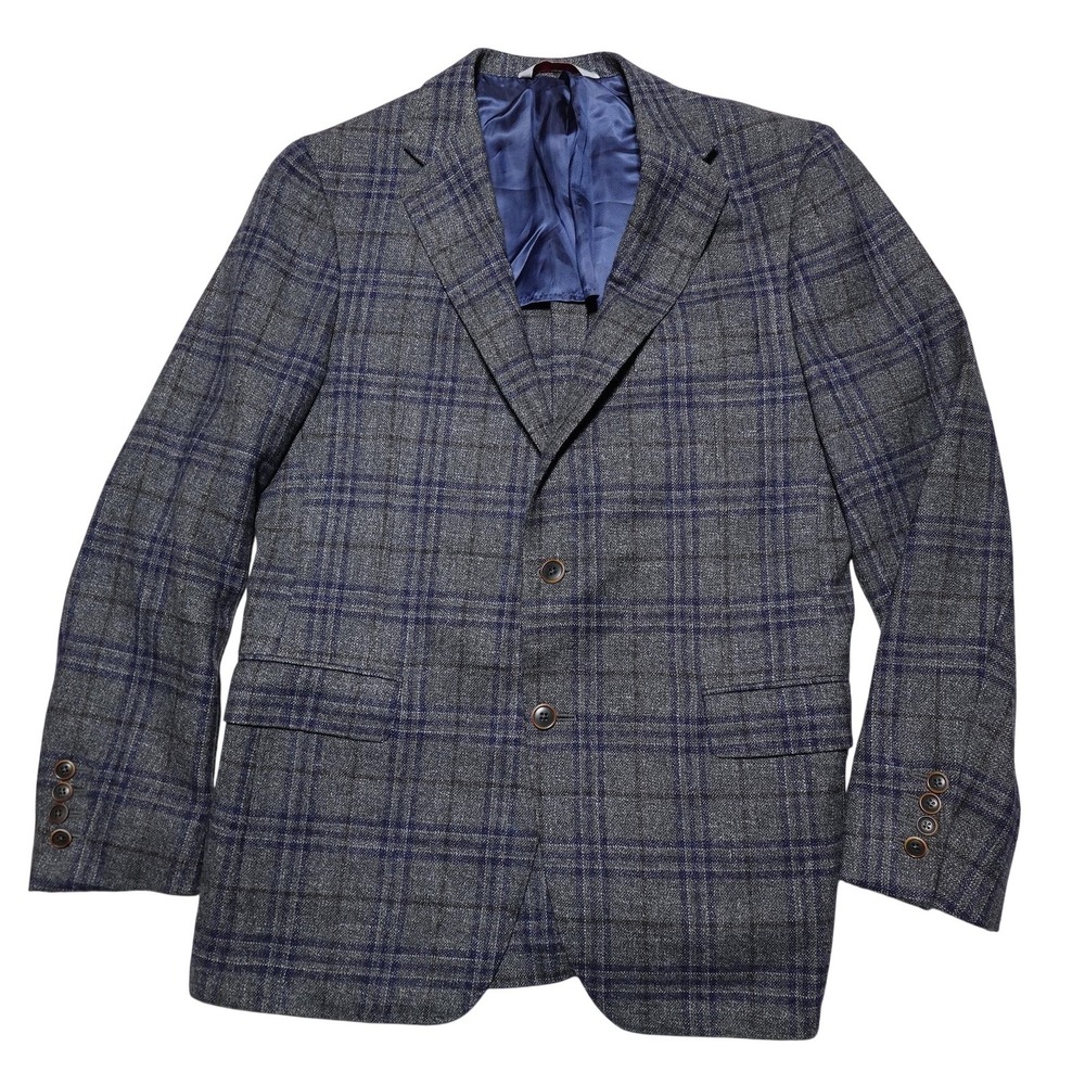 Samuelsohn Blazer Mens 42R Gray Plaid Wool Silk Linen Tweed Sport Coat Jacket